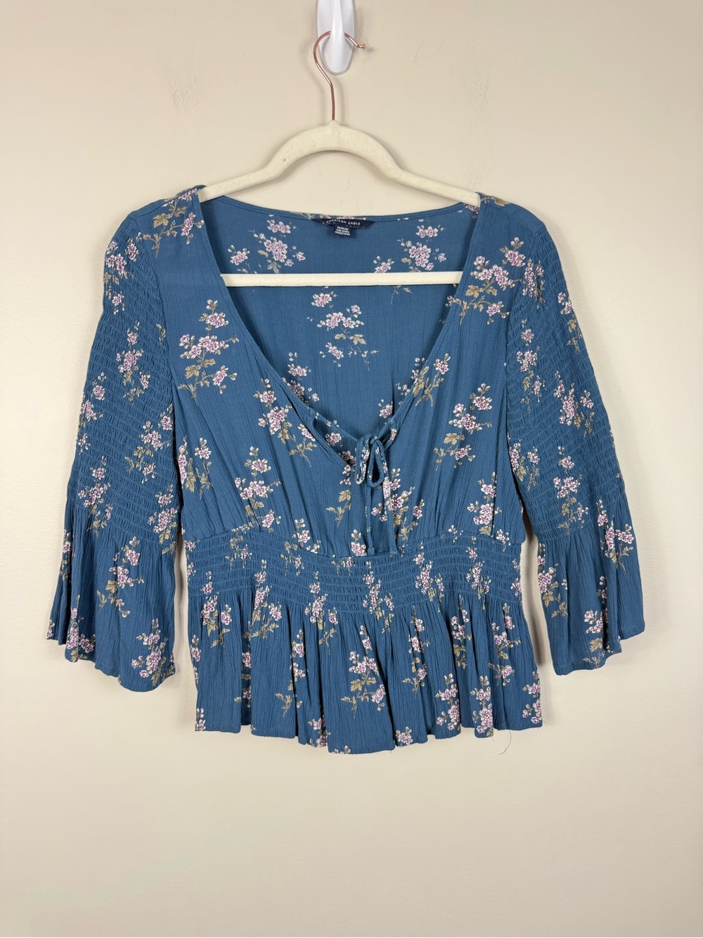 American Eagle Smocked Peplum Top Medium Blue Floral Peasant Top Tie Front Boho